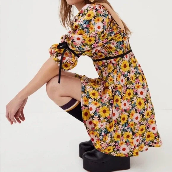 For Love & Lemons Daisy Floral Babydoll Mini Dress Puff Sleeve Cottagecore